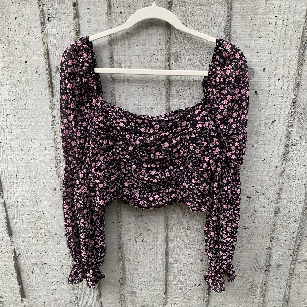 Whimsigoth Ruched Chiffon Blouse Smocked Ditsy Floral Balloon Cinched Sleeve, Lg